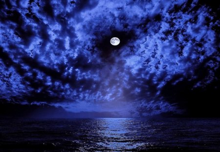 Blue moon night - moon, ocean, sky, light, night, water, nature, glow, white, full, clouds, blue, tree, sea