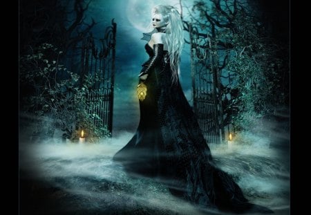 Journey into the unknown - moon, gates, journey, candles, night, gown, fantasy, mist, lanterns