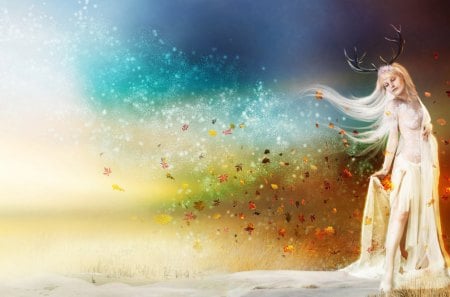 Almost winter - gown, fantasy, winter, girl, leaves