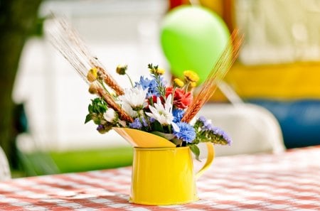 Cute and tinyâ™¥ - metal, field, white, yellow, forever, pretty, arrangement, orange, table, sunny, little, love, lovely, bright, precious, mini, tiny, blue, warm, flowers, vase watering