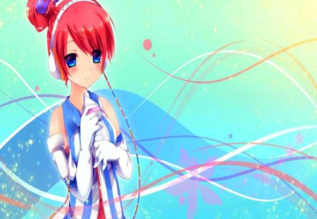 Akikoroid-chan - cute, akikoroid-chan, sweet, vocaloid, girl, red hair, big breasts, bun, blue eyes, music, colorful