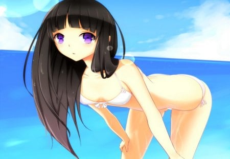 On The Beach!!! - breasts, anime, water, blue, hyouka, beach, girl, sea, long hair, purple eyes, bikini, black hair, cute, chitanda eru, sexy