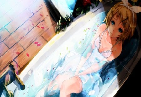 Rin Taking A Bath - girl, kagamine rin, blue eyes, vocaloid, bath, cute, breasts, short hair, blonde