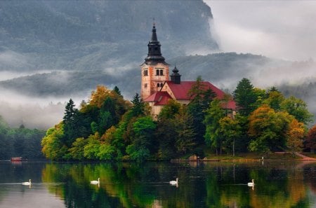 Castle on lakeshore - pretty, calm, lonely, cabin, evening, reflection, crystal, swans, shore, view, lake, nice, cottage, sky, castle, clouds, house, greenery, trees, beautiful, mirrored, lovely, afternoon, river, nature, clear, panorama, serenity