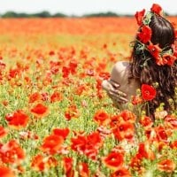 girl with red flowers