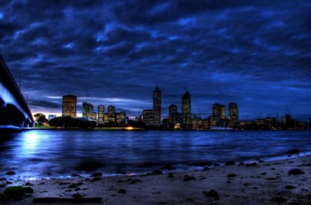 BLUE NIGHT - clouds, water, blue, beach, city, night, sky