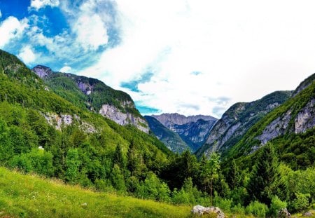 *** Slovenia-Bovec *** - sky, trees, nature, mountain, graas