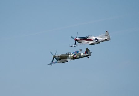 Spitfire and Mustang - aircraft, spitfire, warbirds, mustang