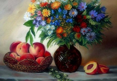 Flowers and fruits - art, still life, flower, fruit