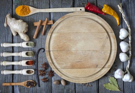 *** Board with spices *** - garlic, board, spices, food, ginger