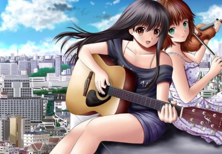 Anime - anime, girls, twin, guitar