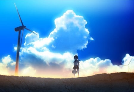 anime - girl, clouds, blue, sky