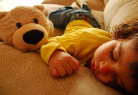 A boy sleeping and dear toy♥ - tired, childhood, yellow, blue, forever, brown, sleeing, baby boy, lovely, friend, love, sweet, bears, guard up, teddy, animals