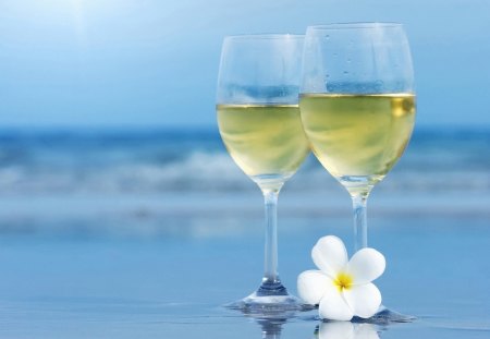 two champagne glasses on the beach - nature, beach, champagne, moment