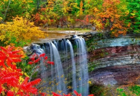 Falling water - calm, creek, stream, forest, leaves, shore, nice, falling, water, beautiful, colors, lovely, stones, fall, colorful, river, nature, waterfall, autumn, foliage, rocks