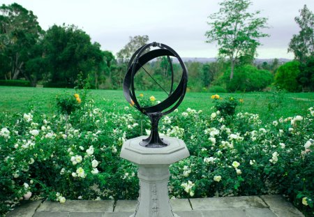 Sundial - trees, beautiful, grass, sundial, flowers, nature, green, garden, sky, statue