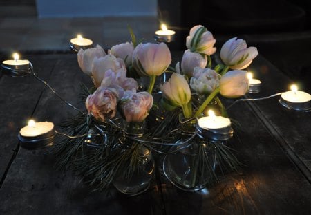 Romantic Christmas Eve♥ - romantic, original, soft colors, fashion, centeriece, entertainment, flowers, event, candles, forever, beautiful, table, secial, lovely, love, christmas, lights, arrangement, tender