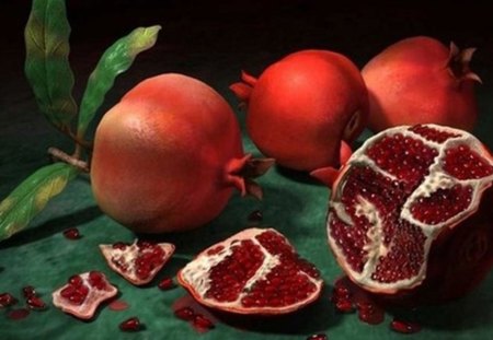 pomegranate - red, green leaves, still life, fruit