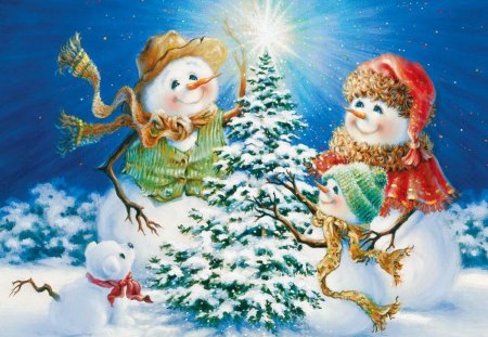 Smiling snowmen - snowflakes, blue, snow, dog, light, joy, holiday, puppy, smiling, sky, sun, clouds, sunlight, snowmen, winter, playing, tree, christmas, dazzling, glow, smile, rays, funny, new year, painting