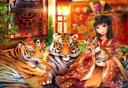 Anime - flowers, anime, red, kimono, tigers