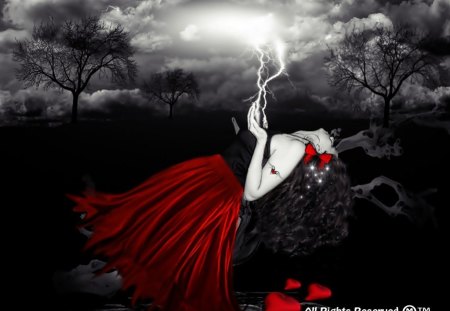 Take Me Away - trees, branches, butterflies, girl, darkness, black, white, tattoos, nature, red, waters, lightning