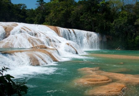 Fast Flowing Waterfalls - trees, waterfalls, water, blue, falls, rock, forest, daylight, river, white, nature, flowing, day, sky