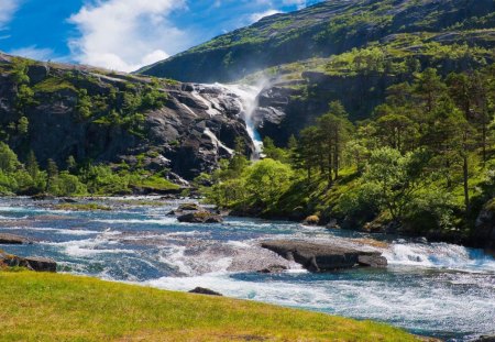 Mountain River - clouds, water, rock, grass, daylight, mountain, river, nature, land, flowing, day, sky