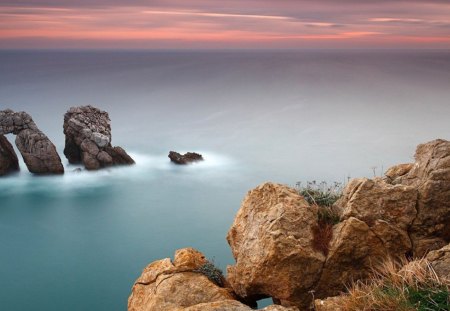 Ocean Coast - clouds, quiet, water, blue, rock, ocean, pink, daylight, shore, nature, day, sky