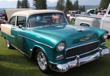 1955 Chevrolet Bel Air 2-door coupe - white, headlights, chevrolet, blue, photography, tires, green, black