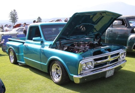 1967 GMC Truck - truck, black, GMC, tires, headlights, blue, green, photography