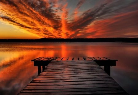 Sunset - clouds, sunset, lake, forest, pier