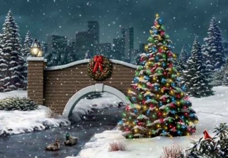 Christmas time - winter, river, bridge, tree, christmas, new year