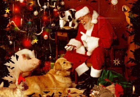 Santa and his pets - pig, animal, santa, christmas, december, new year, dog