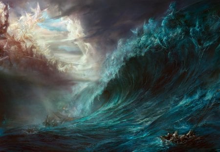 Two Armies Among the Waves - boats, swords, ships, water, fantasy, heaven, waves, abstract, battle, war, clouds, angels, warriors, soldiers, armies