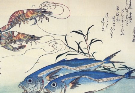 Hiroshige - Horse Mackerel and Prawns - woodblock, print, nineteenth century, japanese