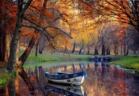 Autumn - river, nature, autumn, boat