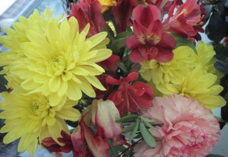 Autumn bouquet of flowers - yellow, red, pink, photography, green, flowers