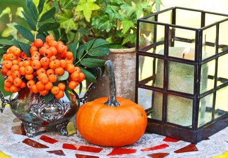 âœ¿ Beautiful  Autumn âœ¿ - candle, pumpkin, silver vase, light, wonderful, fall, lantern, arrangement, table, orange, centeriece