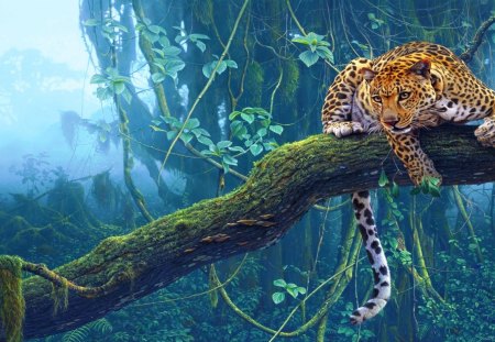 Watching Leopard - predator, cat, artwork, jungle