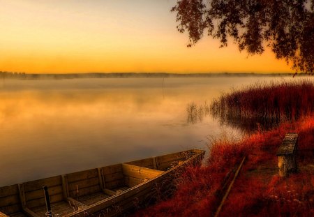 BOAT at AUTUMN RIVER - river, sunset, autumn, boat, landscape