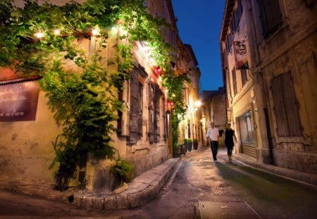 restaurant in alley in france at dusk - restaurant, couple, alley, dusk, lights