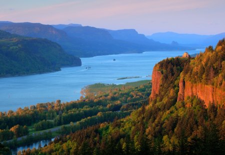 columbia river gorge - gorge, trees, cliff, river, mountains