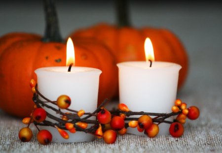 ✿ Warm Autumn ✿ - pumpkins, forever, fashion, centeriece, entertainment, lovely, love, light, orange, fall, white, autumn, arrangement, two, candles, centerpiece