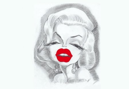 MONROE Marilyn Caricature - paint, cartoon, photoshop, beauty, actress, lips, white, red, woman