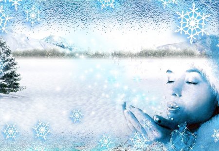 Blue Stars of Winter - abstract, winter, snowflakes, snow, collage, stars, ice, fantasy, woman, mountains