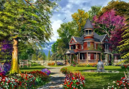 Paradise house - nice, cottage, sky, trees, paradise, peaceful, colorful, countryside, path, calmness, house, alleys, garden, park, summer, yard, lovely, serenity, beautiful, flowers, cabin