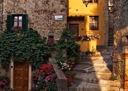 sunny street - flowers, street, stone, stairs, city, morning, houses