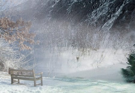 Overlook Winter - ice, trees, winter, park bench, cold, snow, frost, freeze, snowing, pond