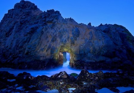 fantastic natural door in a huge beach rock - beach, door, rocks, light