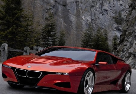 bmw m1 homage concept car - concept, car, red, cliffs, valley